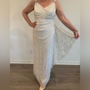 R&M Richards formal maxi dress ruched side with panel off-white w/sparkles 10